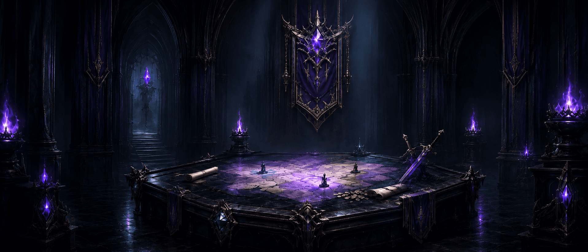 Raid Warden command table in a dark guild hall
